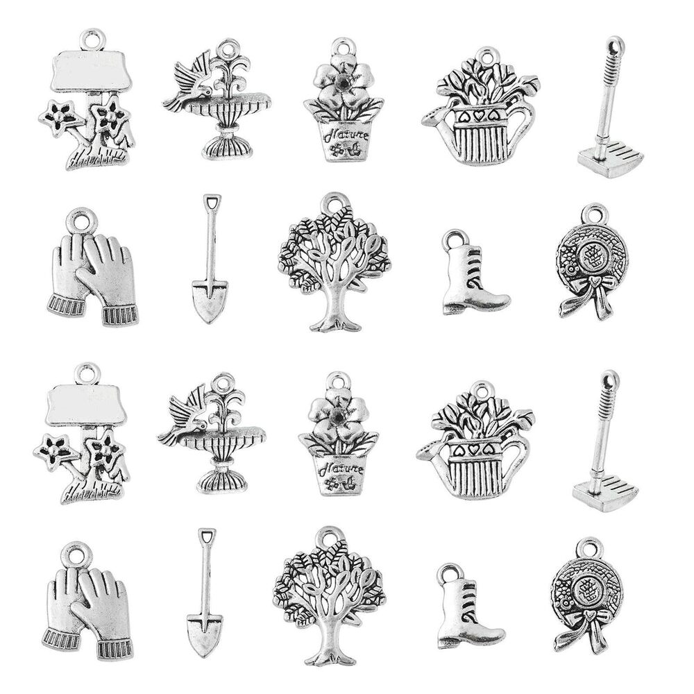 9664 100Pcs 10 Styles Tibetan Gardening Tool Charms Plant Hat Shovel Boot